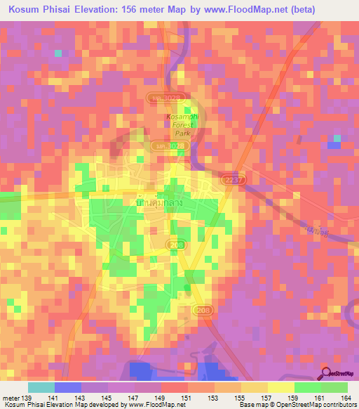 Kosum Phisai,Thailand Elevation Map