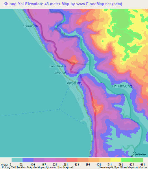 Khlong Yai,Thailand Elevation Map