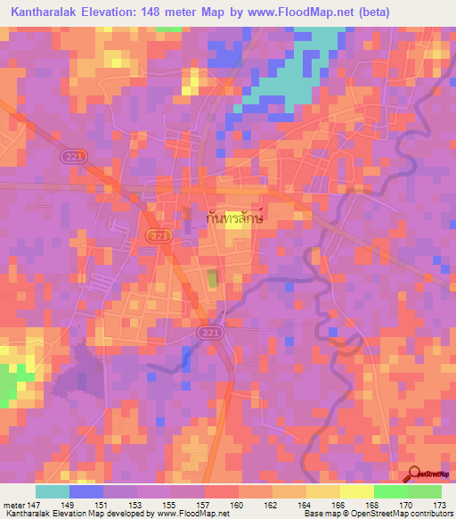 Kantharalak,Thailand Elevation Map