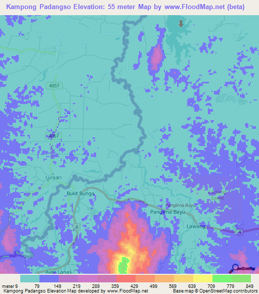 Kampong Padangso,Thailand Elevation Map
