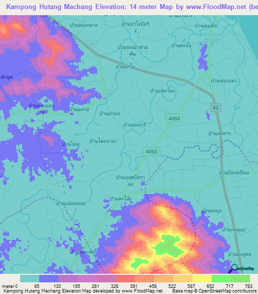 Kampong Hutang Machang,Thailand Elevation Map