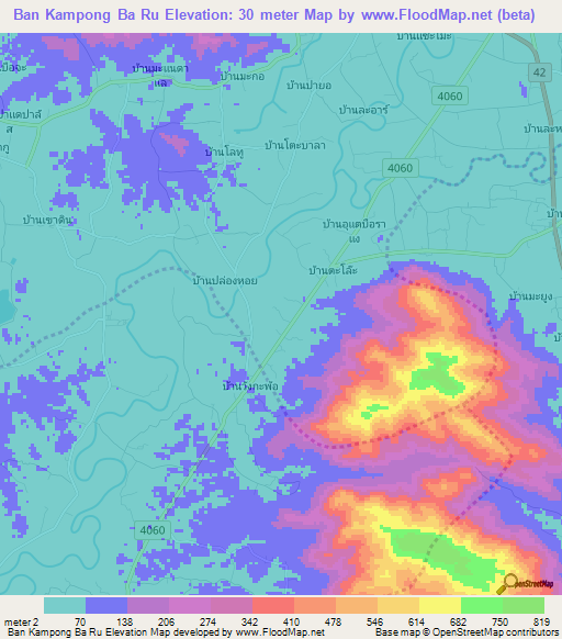 Ban Kampong Ba Ru,Thailand Elevation Map