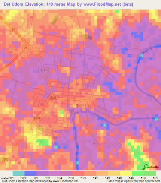 Det Udom,Thailand Elevation Map
