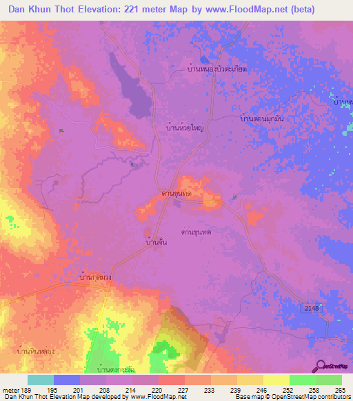 Dan Khun Thot,Thailand Elevation Map