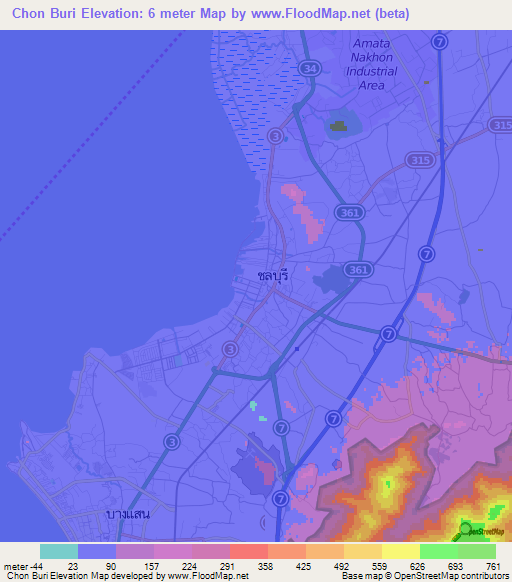 Chon Buri,Thailand Elevation Map