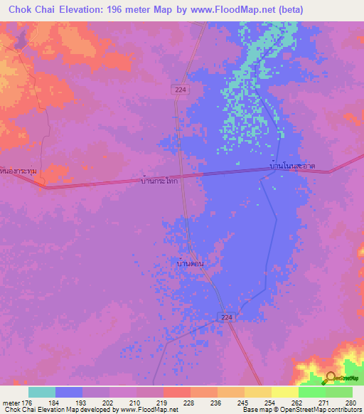 Chok Chai,Thailand Elevation Map