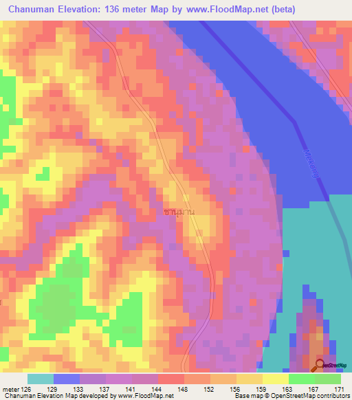Chanuman,Thailand Elevation Map