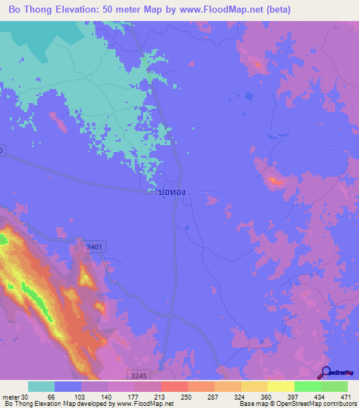 Bo Thong,Thailand Elevation Map