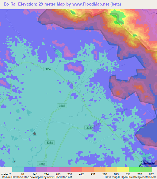 Bo Rai,Thailand Elevation Map