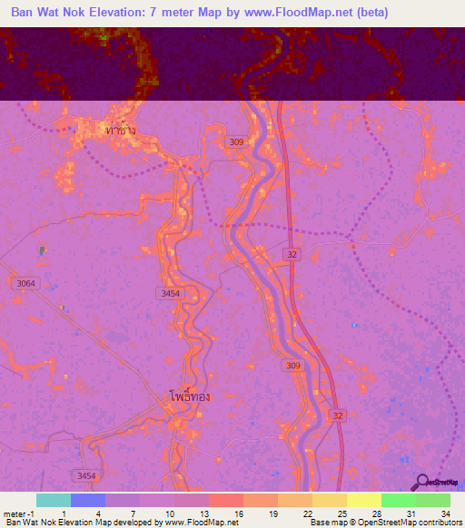 Ban Wat Nok,Thailand Elevation Map