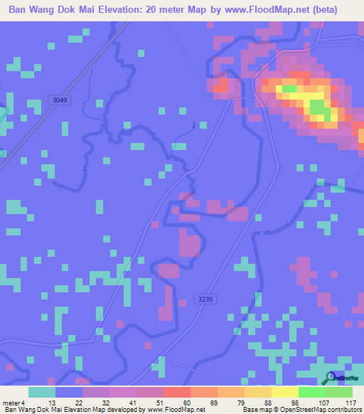 Ban Wang Dok Mai,Thailand Elevation Map