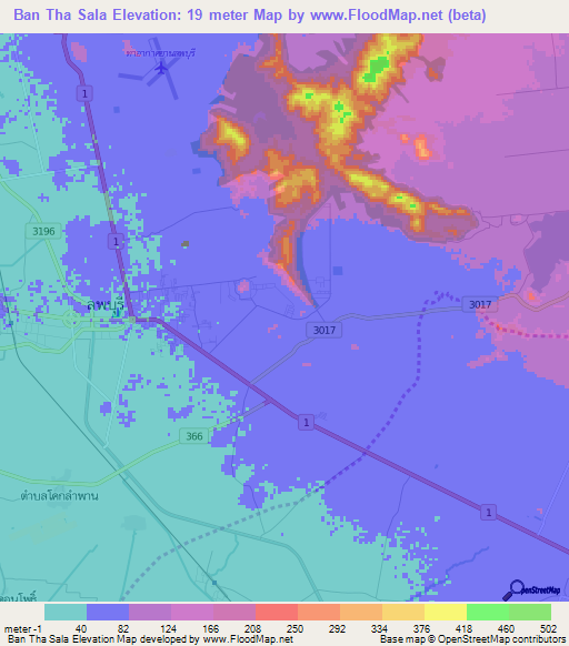 Ban Tha Sala,Thailand Elevation Map