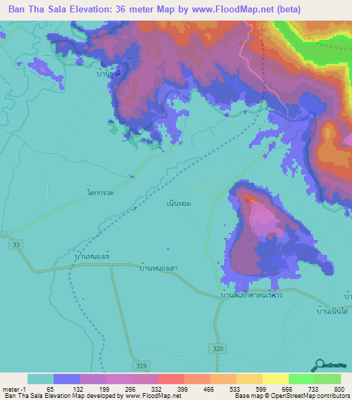 Ban Tha Sala,Thailand Elevation Map