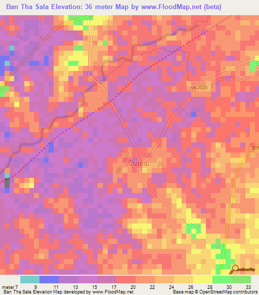 Ban Tha Sala,Thailand Elevation Map