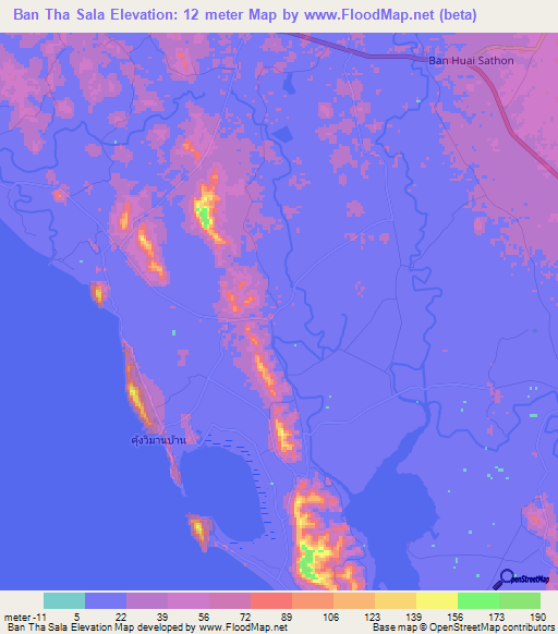 Ban Tha Sala,Thailand Elevation Map