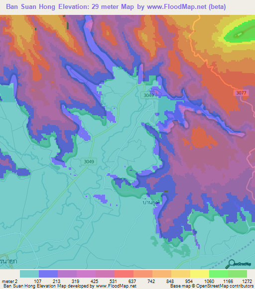 Ban Suan Hong,Thailand Elevation Map
