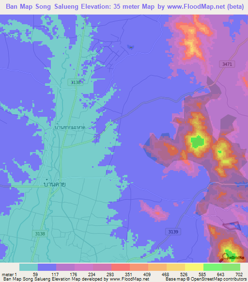 Ban Map Song Salueng,Thailand Elevation Map