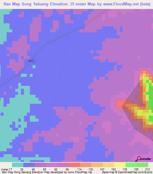 Ban Map Song Salueng,Thailand Elevation Map
