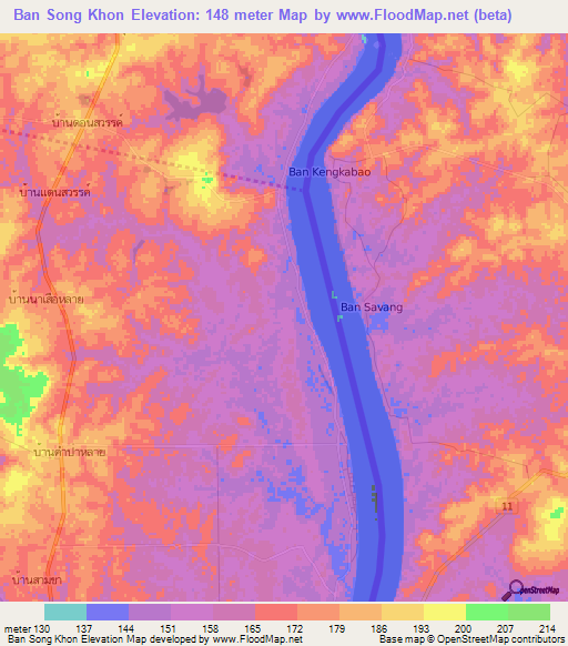 Ban Song Khon,Thailand Elevation Map