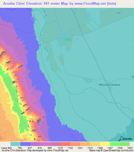 Arusha Chini,Tanzania Elevation Map