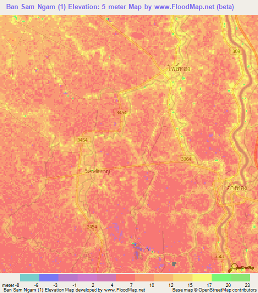 Ban Sam Ngam (1),Thailand Elevation Map
