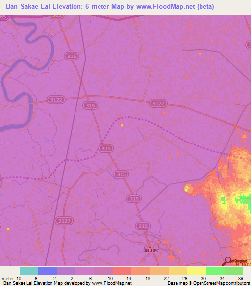 Ban Sakae Lai,Thailand Elevation Map