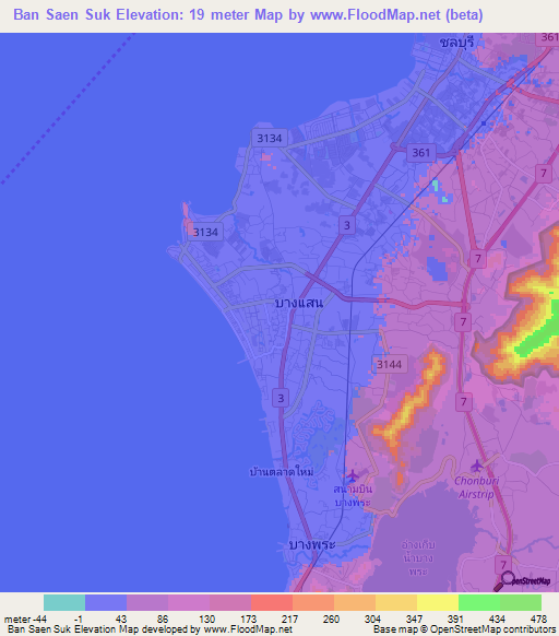 Ban Saen Suk,Thailand Elevation Map