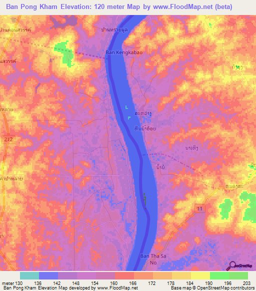 Ban Pong Kham,Thailand Elevation Map