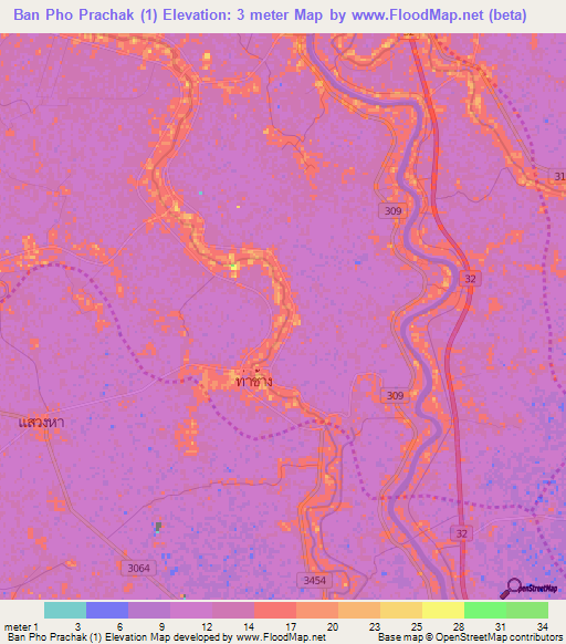Ban Pho Prachak (1),Thailand Elevation Map