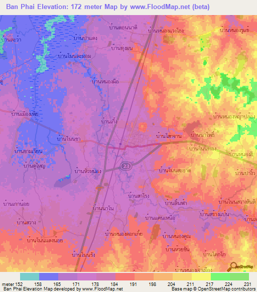 Ban Phai,Thailand Elevation Map