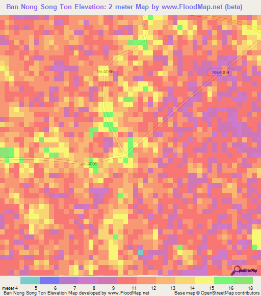 Ban Nong Song Ton,Thailand Elevation Map