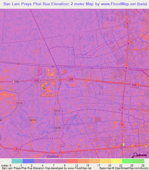 Ban Lam Praya Phai Rua,Thailand Elevation Map