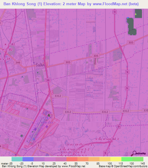Ban Khlong Song (1),Thailand Elevation Map