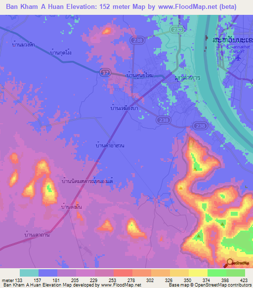 Ban Kham A Huan,Thailand Elevation Map