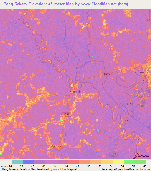 Bang Rakam,Thailand Elevation Map