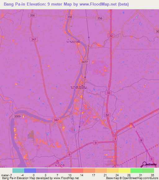 Bang Pa-in,Thailand Elevation Map