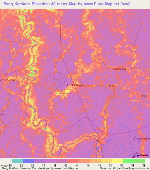 Bang Krathum,Thailand Elevation Map