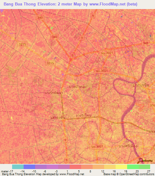 Bang Bua Thong,Thailand Elevation Map