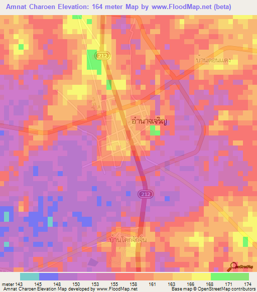 Amnat Charoen,Thailand Elevation Map