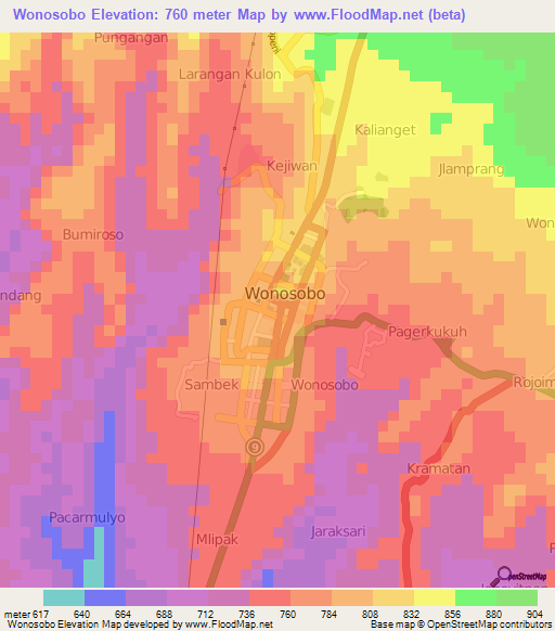 Wonosobo,Indonesia Elevation Map
