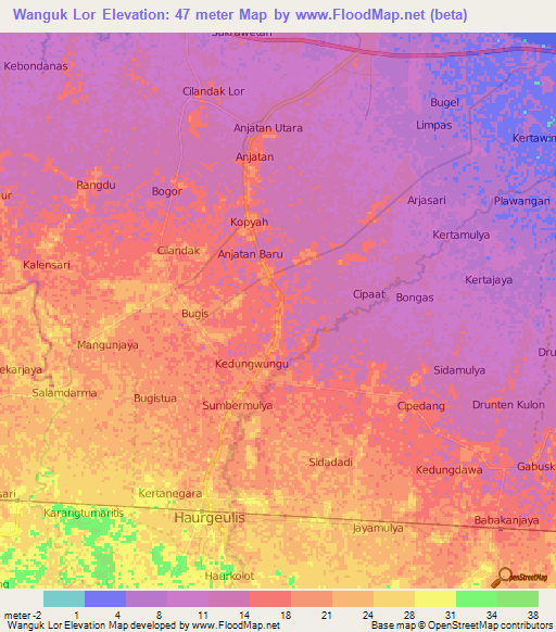 Wanguk Lor,Indonesia Elevation Map