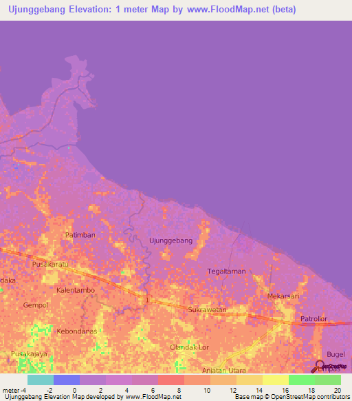 Ujunggebang,Indonesia Elevation Map