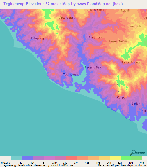 Tegineneng,Indonesia Elevation Map