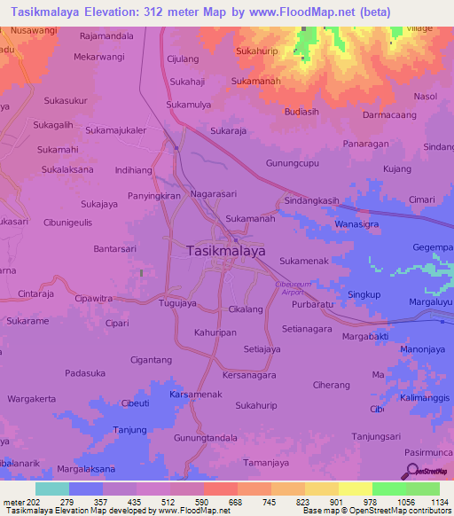 Tasikmalaya,Indonesia Elevation Map
