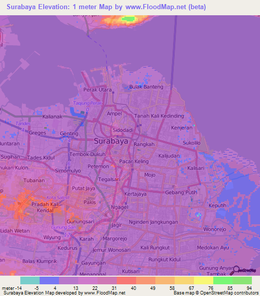Surabaya,Indonesia Elevation Map