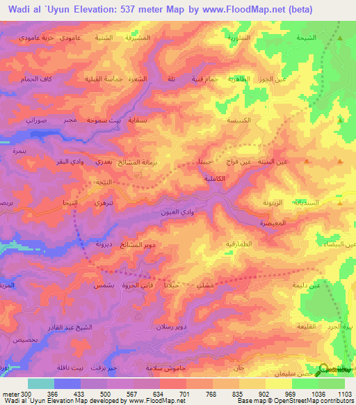 Wadi al `Uyun,Syria Elevation Map