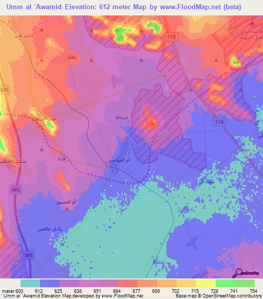 Umm al `Awamid,Syria Elevation Map