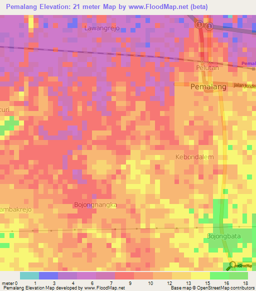 Pemalang,Indonesia Elevation Map
