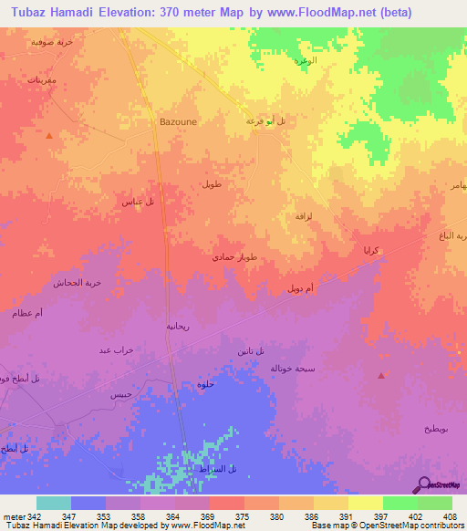 Tubaz Hamadi,Syria Elevation Map