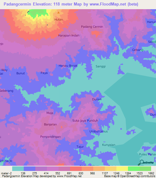 Padangcermin,Indonesia Elevation Map